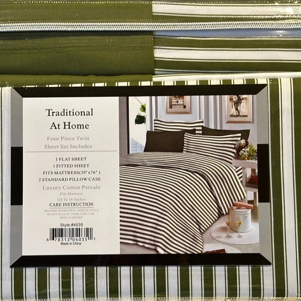 Traditional At Home 4 pc Twin Sheet Set Olive Green and white stripes. - Picture 2 of 8